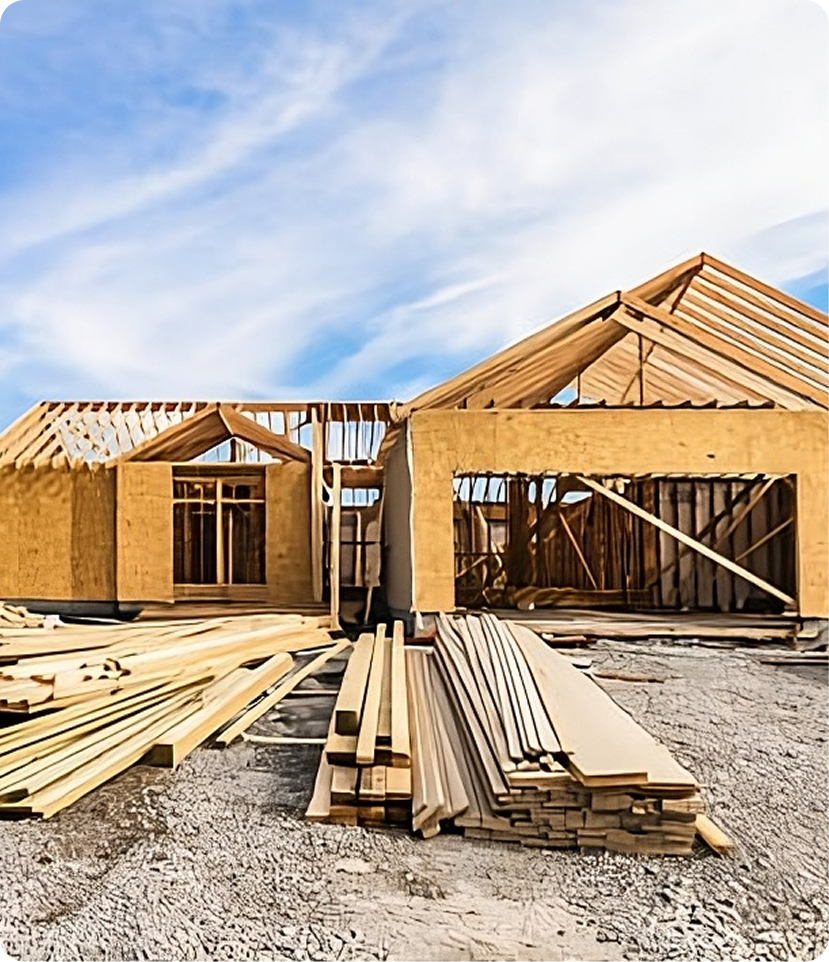 Construction site with wooden frame structure
